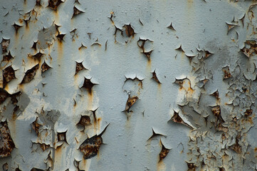 gray purple background, in the photo an iron wall with peeling old paint and rust