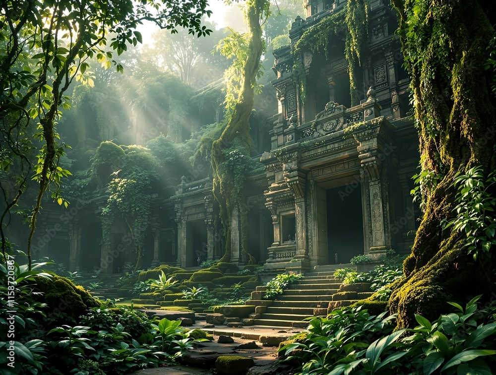 Poster digital painting of an ancient, overgrown temple structure surrounded by lush green vegetation and p