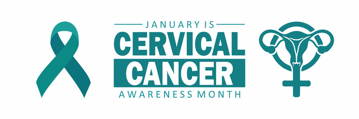 Long horizontal banner for Cervical Cancer Awareness Month. Teal ribbon, medical uterus icon, and bold text on a clean white background. Modern flat vector illustration.