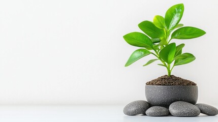 A small green plant grows in a black pot atop smooth stones, set against a clean white background, symbolizing tranquility and nature.