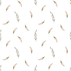 Watercolor seamless pattern with a cute pink sprig of flowers and green leaves isolated on white background.