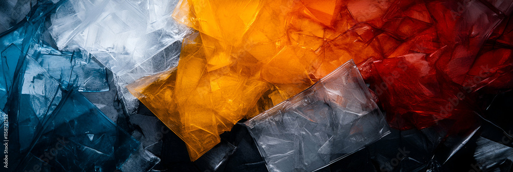 Poster abstract fractured glass, vivid hues collide dynamically in an intense, textured display of color an