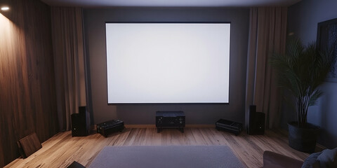 Modern Home Theater Setup, Ambient Lighting, Wooden Floors, and Large Projection Screen Enhance Movie Night Experience.