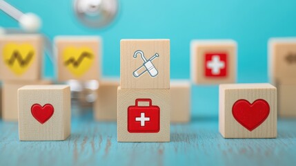 A dynamic arrangement of wooden blocks with carved icons