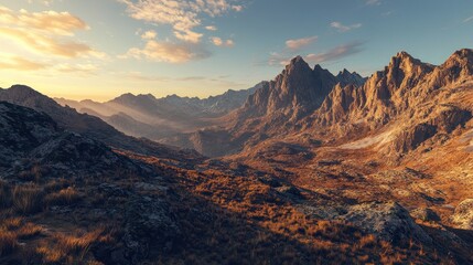 Obraz premium Mountainous Landscape with Golden Sunset and Lush Vegetation