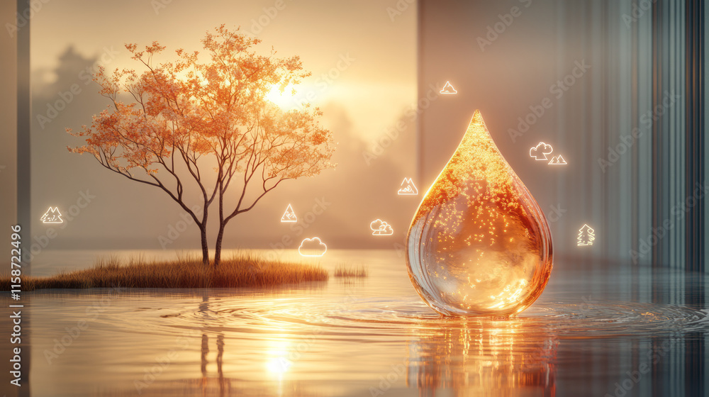 Poster a futuristic 3d hologram of a water droplet with dynamic light reflections, surrounded by small floa