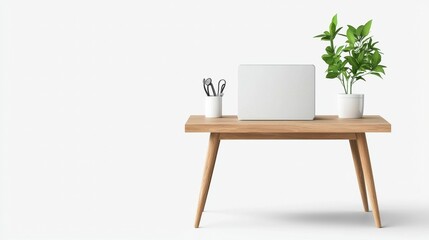 A minimalist desk setup featuring a laptop, potted plant, and stationery in a modern, bright environment.