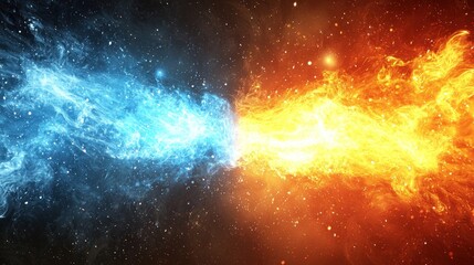 Fiery orange flames clash with icy blue energy in a cosmic space backdrop.