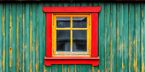 Obraz premium Vibrant Window on Weathered Green Walls, A Colorful Architectural Detail in Rustic Charm, Showing Vivid Hues and Patina, Captivating View.