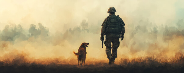 soldier and dog walking side by side on misty morning, showcasing companionship and loyalty in serene landscape. warm colors evoke sense of peace and camaraderie
