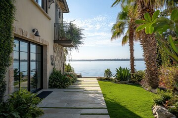 Fototapeta premium Coastal Garden View with Palm Trees and Ocean Background