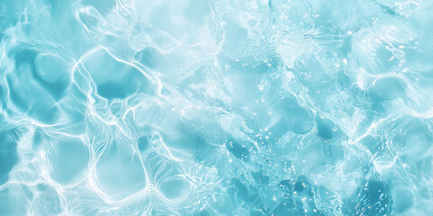 Blue Ripples and Transparent Water Surface with Splashes and Bubbles in Sunlight Reflection Perfect for Skincare and Cosmetic Backgrounds