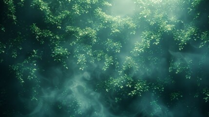 Obraz premium A forest with a lot of trees and smoke in the air