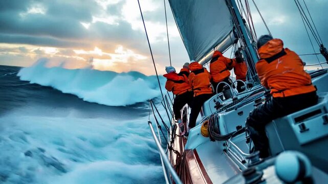 Sailors don bright jackets battling rough seas under a vibrant sunset while navigating powerful waves showcasing their sailing skills