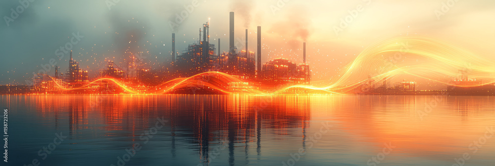 Poster a luminous 3d hologram of a factory building with glowing chimneys and animated energy lines flowing