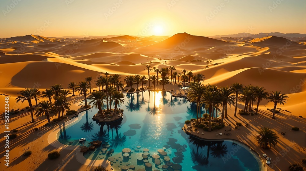 Poster luxurious resort in a desert setting, with a large palm tree-lined pool area and a sunset casting wa