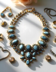 Elegant Blue Gemstone Necklace Gold Accents Stylish Jewelry Display