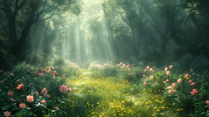 Obraz premium A forest with a path through it and flowers on the side