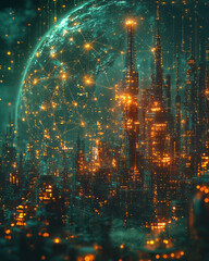 Obraz premium A futuristic 3D projection of a globe with glowing factories connected by light trails, displayed on a mint green background to represent global industrial networks,