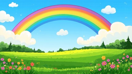 Fototapeta premium Rainbow Arcing Over Lush Green Meadow And Flowers