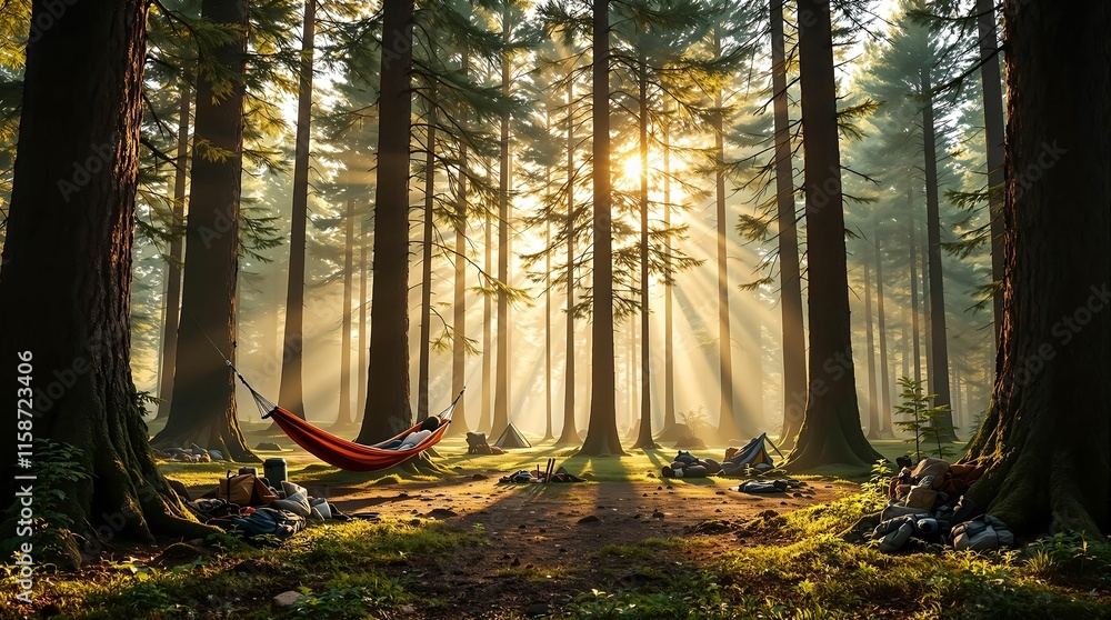 Aufkleber serene forest scene with sunlight streaming through the trees, casting a warm glow on the forest floor. The ground is covered with moss and fallen leaves, and a hammock is suspended between two trees.