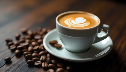 Fototapeta premium A freshly brewed shot of espresso with a rich crema, placed on a saucer, surrounded by coffee beans on a dark wooden table