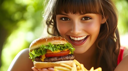 Young Woman Happily Holds A Delicious Burger And Fries