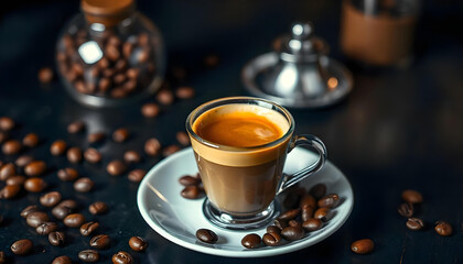 A freshly brewed shot of espresso with a rich crema, placed on a saucer, surrounded by coffee beans on a dark wooden table