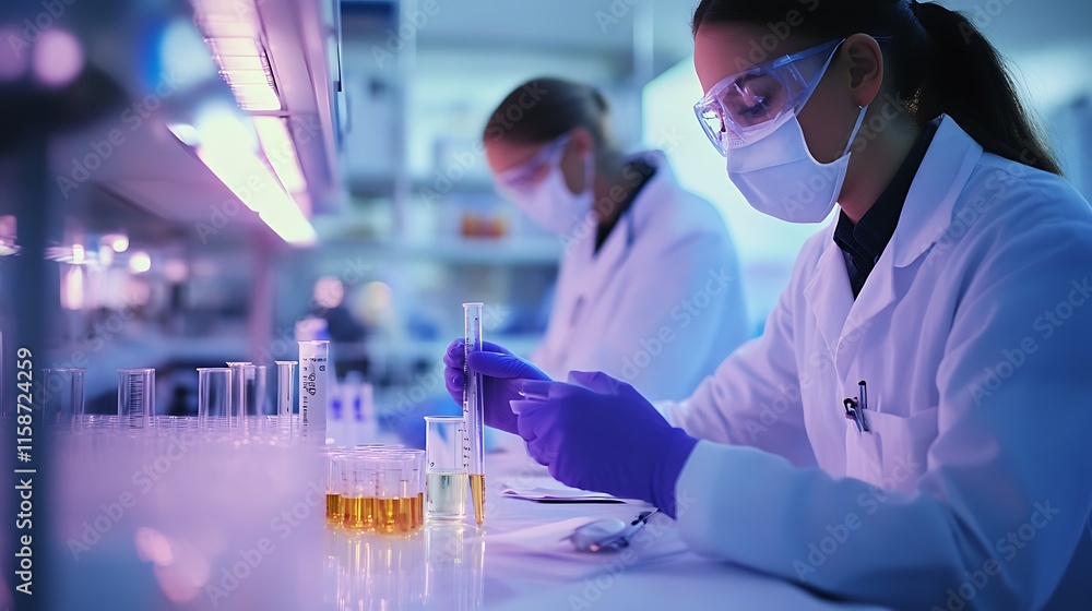Poster laboratory research: scientists conducting experiments in a modern lab setting