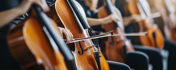 Musicians playing cellos in orchestra rehearsal: classical music performance