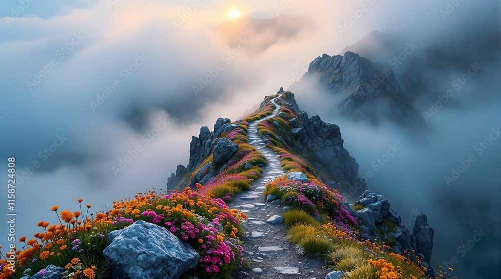Poster picturesque mountain landscape with a narrow path winding through the clouds. the path is lined with