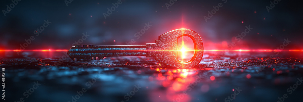 Poster a luminous 3d hologram of a key inserted into a house-shaped lock, with radiant light beams extendin