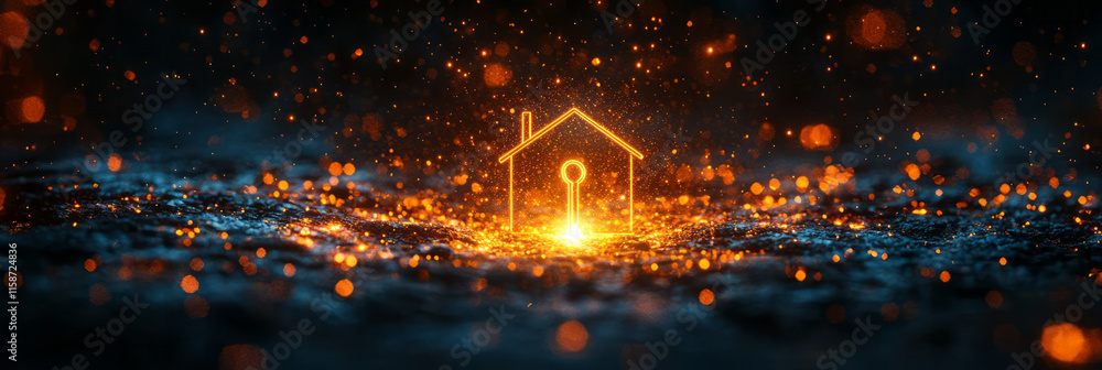 Poster a luminous 3d hologram of a key inserted into a house-shaped lock, with radiant light beams extendin