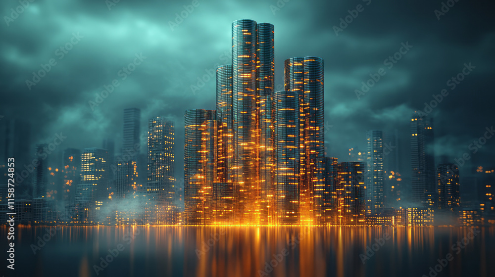 Aufkleber a dynamic hologram of stacked coins forming the base of a glowing skyscraper, set against a soft min
