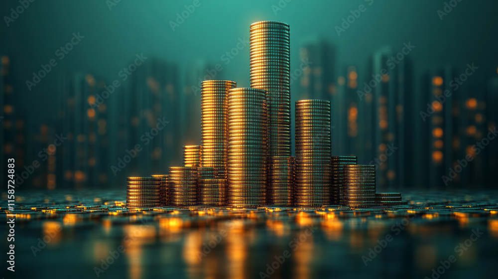 Poster a dynamic hologram of stacked coins forming the base of a glowing skyscraper, set against a soft min
