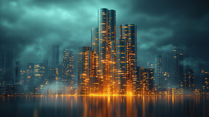 Fototapeta premium A dynamic hologram of stacked coins forming the base of a glowing skyscraper, set against a soft mint green background to symbolize the financial foundation of real estate investments,