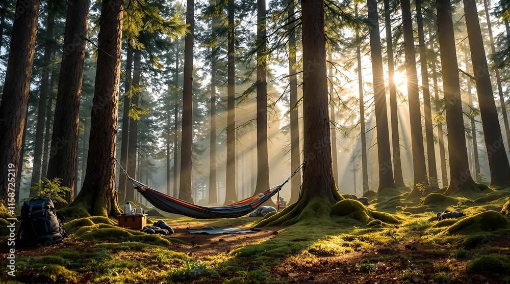 Poster serene forest scene with a hammock suspended between trees, bathed in the warm glow of sunlight filt