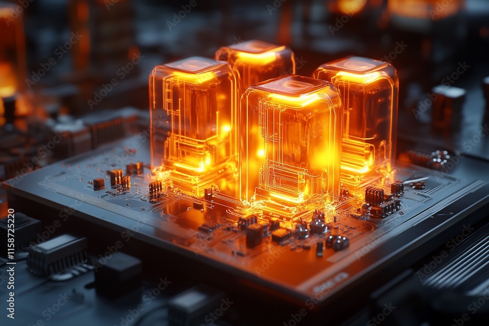 Poster glowing orange cpu components on a circuit board.