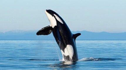 Fototapeta premium Orca whale leaping from ocean water.