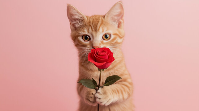 Cute cat holding red rose in its mouth for Valentine's day, studio copy space template for card or banner, adorable animal