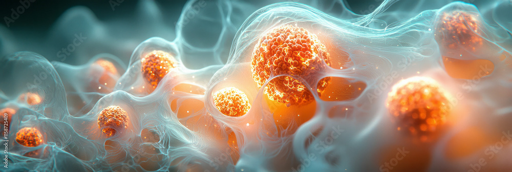 Poster a luminous 3d hologram of a cluster of cells, each glowing softly with intricate details of their in