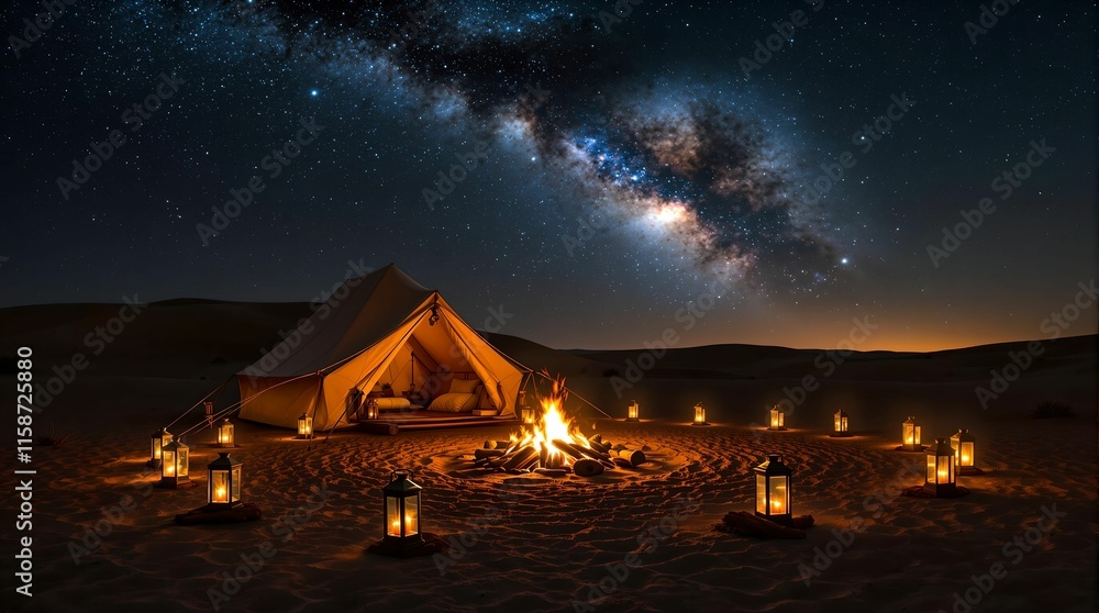 Poster The image shows a desert campsite at night with a tent illuminated from the inside and surrounded by lanterns. The Milky Way is visible in the sky above.