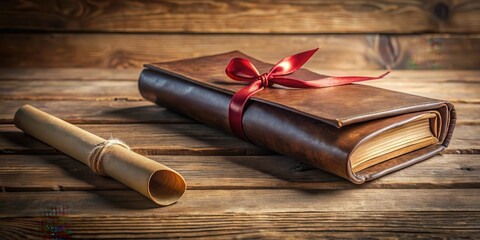 Fototapeta premium Old leather-bound book with graduation scroll wrapped around it on a wooden table