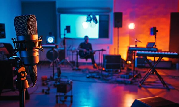 A recording studio scene featuring a microphone and musical instruments in a colorful setting.
