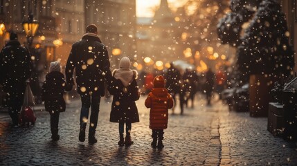 A lively family moment captured on a cobblestone street