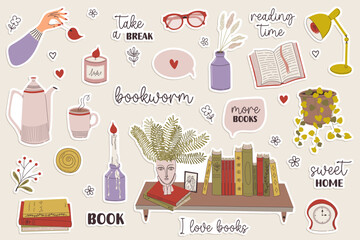 Set of cute book theme stickers. Cozy reading nook with decorative elements and inspiring quotes. Collection of book-related decorations, including plants, candles, and art. Doodle style clipart.