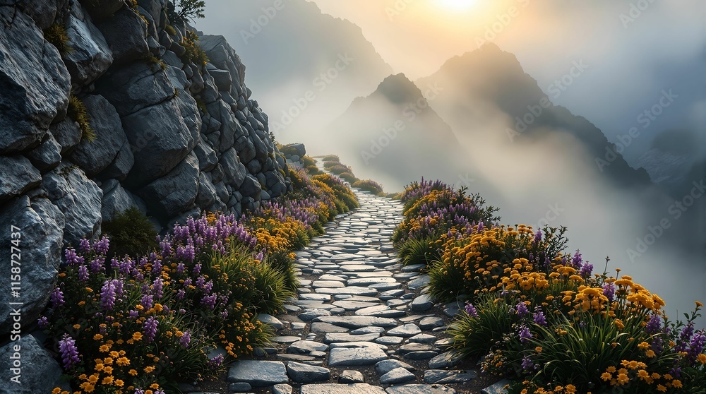 Aufkleber scenic pathway with vibrant wildflowers and fog in the background. the pathway winds through the lan