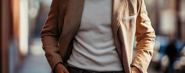 Stylish man wearing beige jacket and white t-shirt walking down street