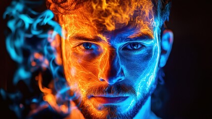 Man's face engulfed in blue and orange flames.
