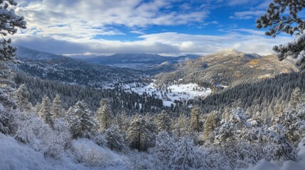 A panoramic view of a frosty alpine valley with snow-blanketed mountains